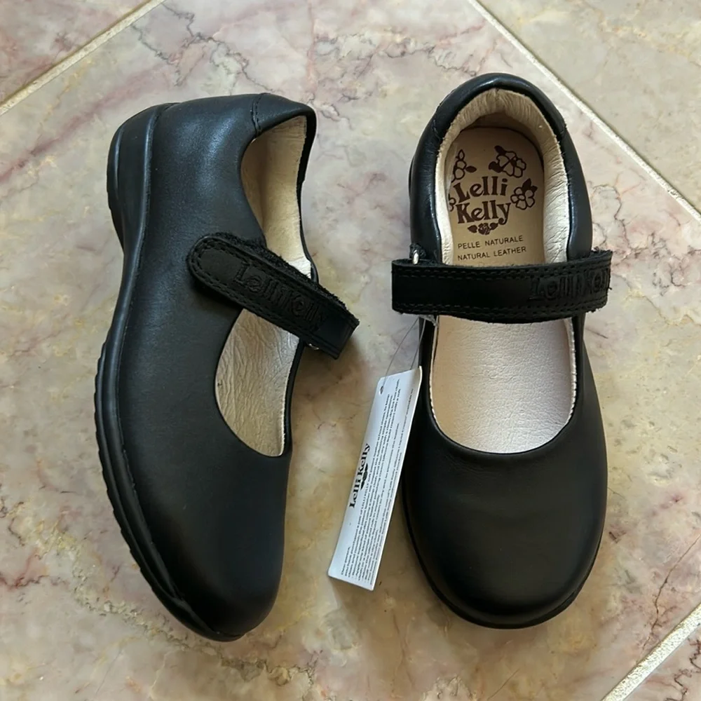 NWT Lelli Kelly Classic Black Leather School Shoes (F Fitting) Size 26F/ US 8